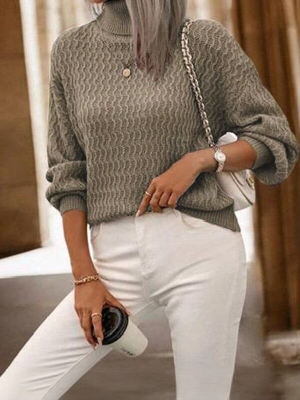 Balıkçı Yaka Jakar Desen Rahat Kalıp Uzun Kol Kadın Triko Kazak