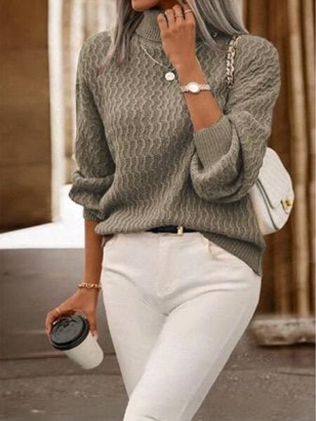 Balıkçı Yaka Jakar Desen Rahat Kalıp Uzun Kol Kadın Triko Kazak