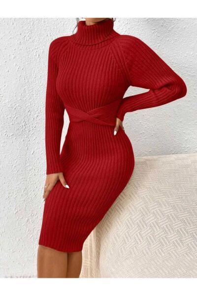 Balıkçı Yaka Kurdale Detaylı Fitilli Model Uzun Triko Elbise