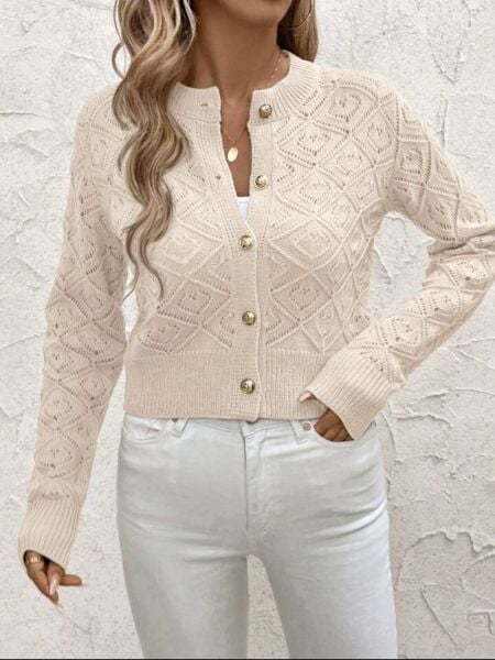 Ajurlu Baklava Desen Düğmeli Ara Boy Hırka