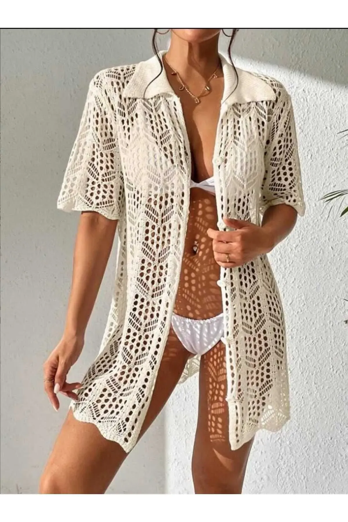 Gömlek Yaka Ajurlu Desen Kısa Kollu Düğmeli  Bikini Üstü Rahat Kalıp Plaj Elbisesi