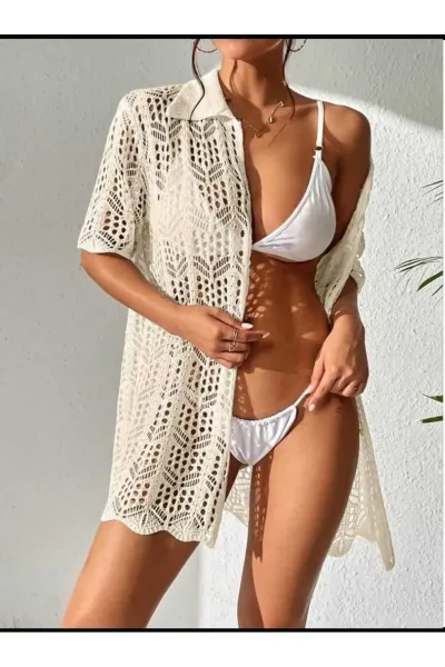 Gömlek Yaka Ajurlu Desen Kısa Kollu Düğmeli  Bikini Üstü Rahat Kalıp Plaj Elbisesi