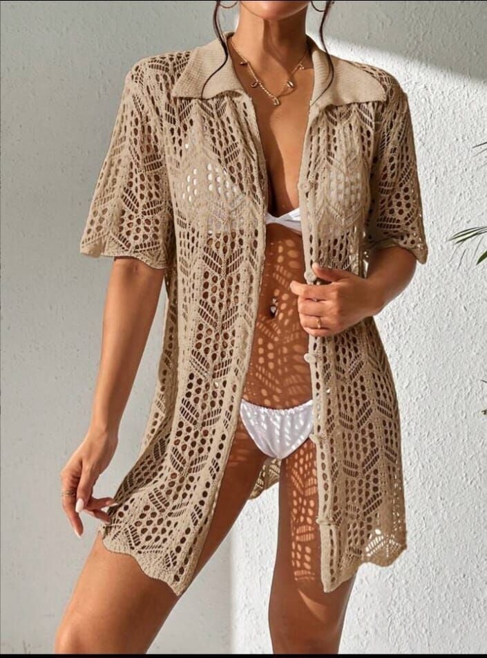Gömlek Yaka Ajurlu Desen Kısa Kollu Düğmeli  Bikini Üstü Rahat Kalıp Plaj Elbisesi