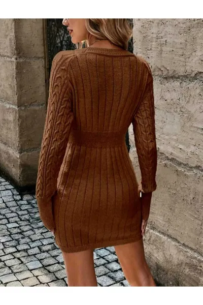 Saç Örgü Model Beli Lastikli Model Bisiklet Yaka Triko Elbise