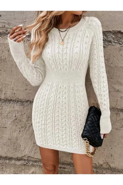 Saç Örgü Model Beli Lastikli Model Bisiklet Yaka Triko Elbise