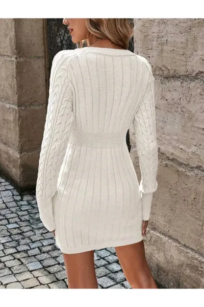 Saç Örgü Model Beli Lastikli Model Bisiklet Yaka Triko Elbise