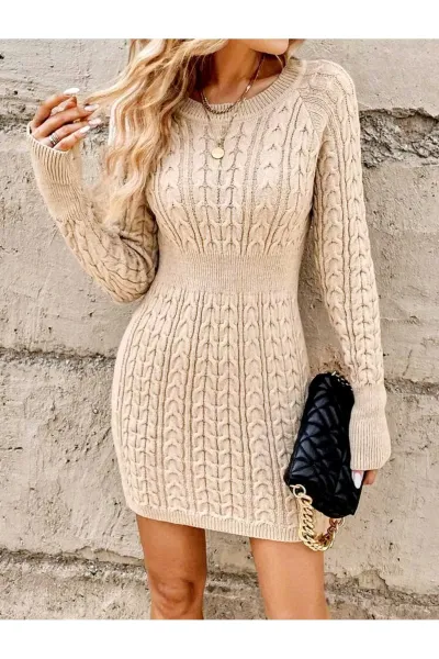Saç Örgü Model Beli Lastikli Model Bisiklet Yaka Triko Elbise