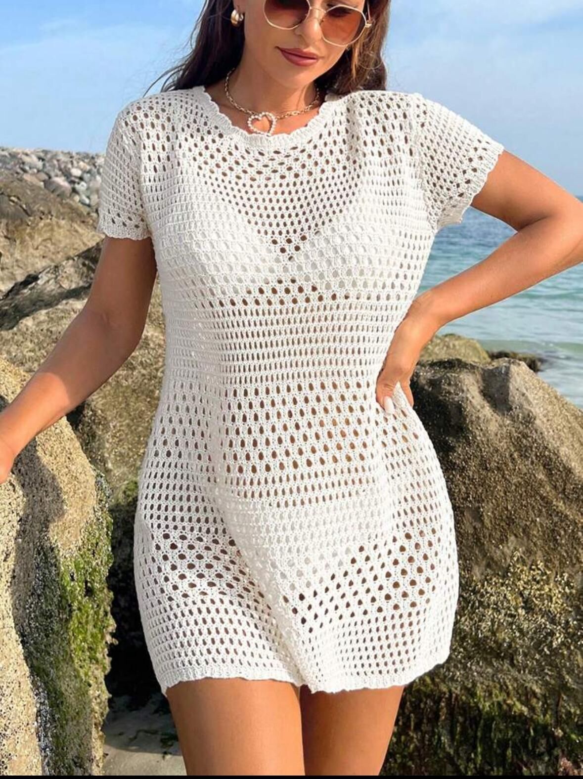 Bisiklet Yaka Ajurlu Desen Kısa Kol Bikini Üstü Pareo-Plaj Elbisesi