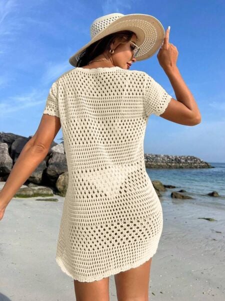 Bisiklet Yaka Ajurlu Desen Kısa Kol Bikini Üstü Pareo-Plaj Elbisesi