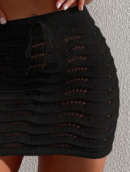 Links Örgü Ajurlu Damla Desen Belden Bağlamalı Triko Bikini Üstü-Plaj Eteği