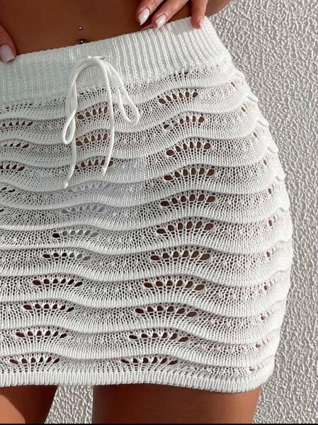 Links Örgü Ajurlu Damla Desen Belden Bağlamalı Triko Bikini Üstü-Plaj Eteği
