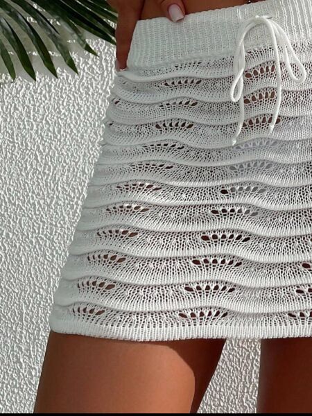 Links Örgü Ajurlu Damla Desen Belden Bağlamalı Triko Bikini Üstü-Plaj Eteği