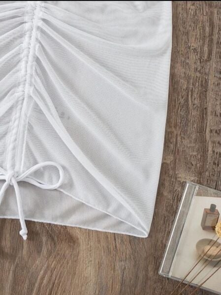 Tül İpli Ayarlanabilir Büzgü Bikini Üstü Pareo-Plaj Etek