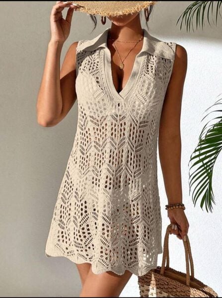 Ajurlu Desen Gömlek Yaka Kolsuz Düğmeli Model Bikini Üstü Rahat Kalıp Triko Plaj Elbisesi