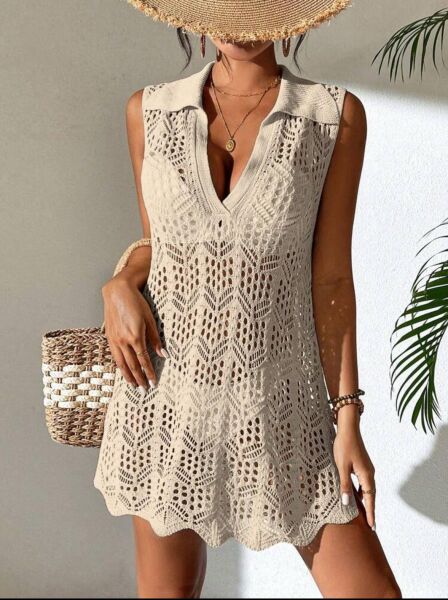 Ajurlu Desen Gömlek Yaka Kolsuz Düğmeli Model Bikini Üstü Rahat Kalıp Triko Plaj Elbisesi