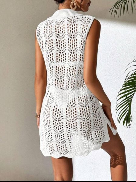 Ajurlu Desen Gömlek Yaka Kolsuz Düğmeli Model Bikini Üstü Rahat Kalıp Triko Plaj Elbisesi