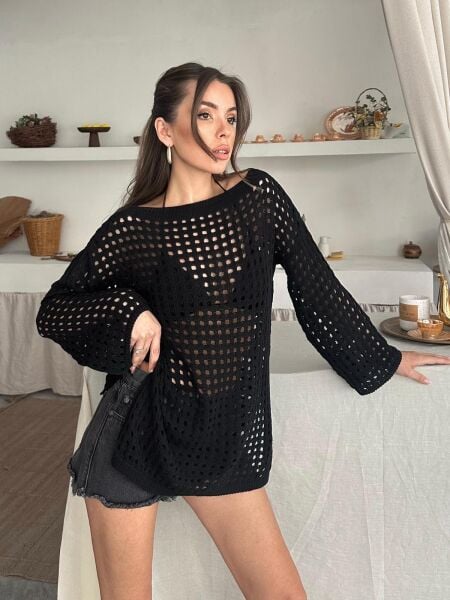 Ajurlu Desen Kayık Yaka Yırtmaç Detay %100 Pamuk Kadın Triko Tunik-Bluz